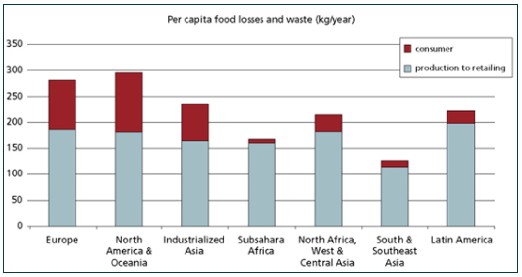 Per capita food losses and food waste, at consumption and pre-consumptions stages,  in different regions