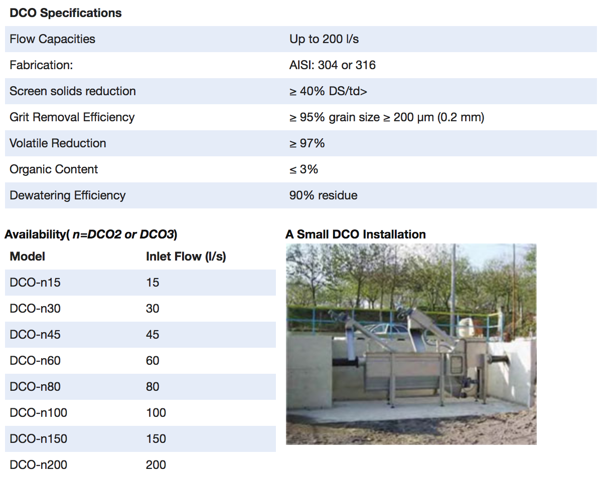 DRYCAKE - DCO combined treatment systems: Screening, Grit Separation and FOG Removal - Specifications
