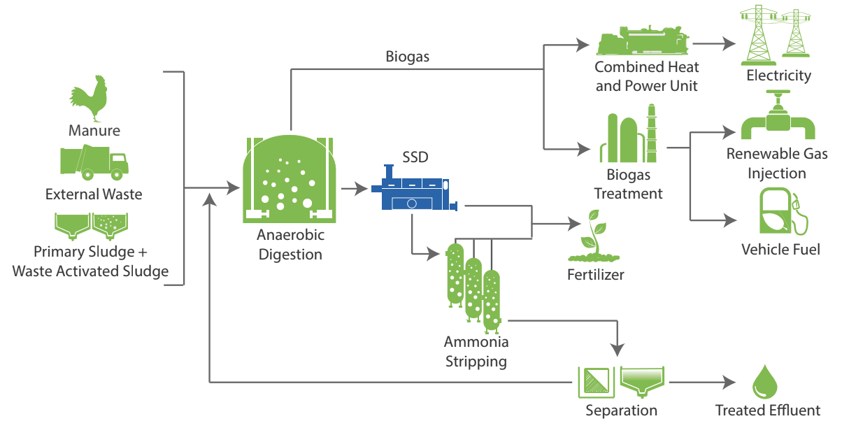 Anaergia - Procédé de production et d'utilisation du biogaz avec le déshydrateur de boues