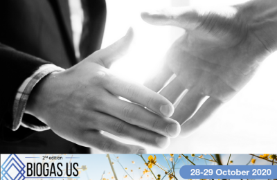 Banner for Virtual Biogas USA 2020 Conference and two persons shaking hands in black and white